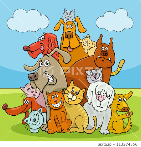 funny cartoon dogs and cats characters group 113274356