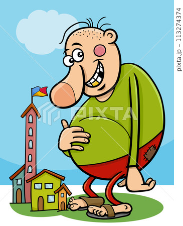 cartoon giant fantasy character and small town 113274374