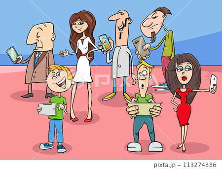 cartoon people with smart phones and electronic devices 113274386