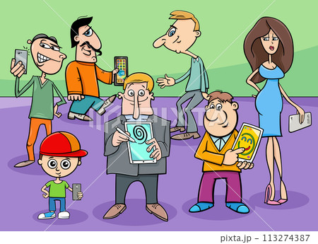 cartoon people with smart phones or electronic devices cartoon people with smart phones or electronic devices 113274387