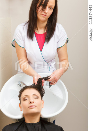 Hairdresser washing her woman customer hair Hairdresser washing her woman customer hair 113274443