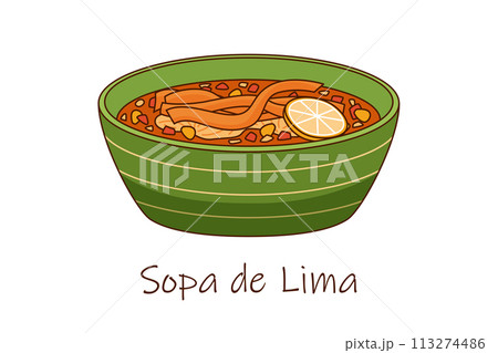 Vector illustration of Mexican soup Sopa de Lima, Tortilla soup bowl Vector illustration of Mexican soup Sopa de Lima, Tortilla soup bowl 113274486