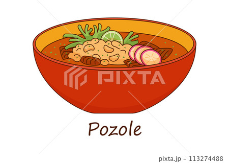 Cartoon Pozole Mexican soup vector illustration. Traditional Mexican Cuisine 113274488
