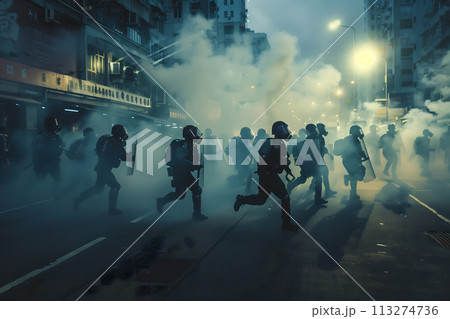 Police unit advancing through smoke during urban disturbance 113274736