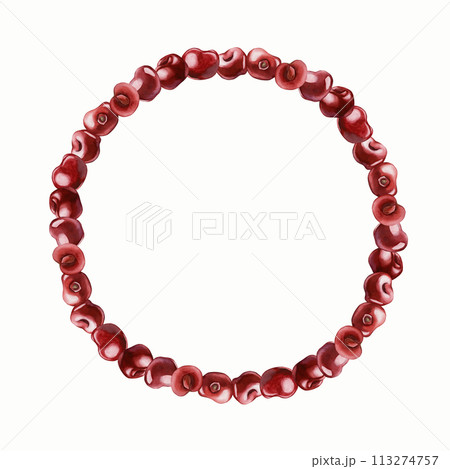Wreath with cherry berries, watercolor illustration isolated on white for table textile, porcelain tableware and delicious prints. Berry fruits for summer fabrics, wrapping, food packages, labels Wreath with cherry berries, watercolor illustration isolated on white for table textile, porcelain tableware and delicious prints. Berry fruits for summer fabrics, wrapping, food packages, labels 113274757