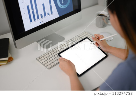 Cropped shot professional business woman using digital tablet working remotely at home Cropped shot professional business woman using digital tablet working remotely at home 113274758