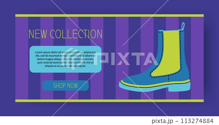Shoes new collection. Shopping landing page. Fashionable accessory. Footwear sale. Trendy leather boots. Seasonal footgear. Autumn outwear clothing. Foot wear. Stylish purchase. Vector shop background 113274884