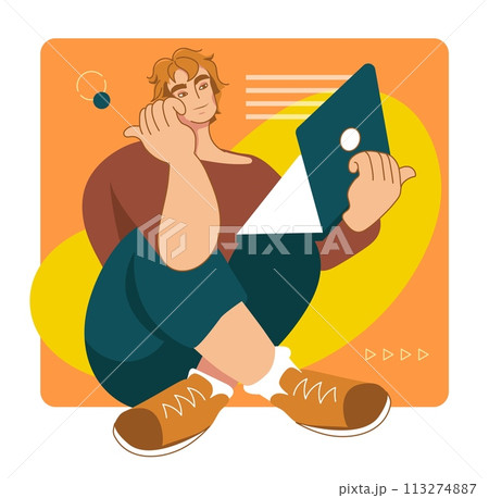 People fill out. Man putting vote checkmarks. Guy works at laptop. Studying test exam. Choice ticks. Digital computer search. Student examination. Online questionnaire. Complete goals. Vector concept 113274887