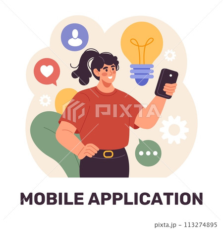 Corporate work. Mobile application. Phone business technology. Woman holding smartphone. Idea lamp. App developer. Company digital service user. Online communication. Office employee. Vector concept 113274895