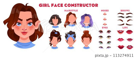 Face woman construction. Avatar girl. Cartoon character generator kit. Mouth and nose. Eye with brow. Facial animation. Smile lips. Beautiful hairstyle. Attractive young female. Vector tidy create set 113274911