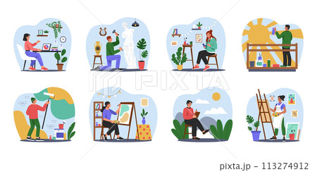 Hobby artist. Creative art job. People creating masterpieces. Culture activity. Artistic craft occupation. Painter with brush easel. Woman painting ceramics. Man sculpting statue. Vector artisans set 113274912
