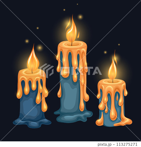 Vector set of cartoon candles with lights. Mystery collection cliparts of blue wax candles with sparkle on a dark background Vector set of cartoon candles with lights. Mystery collection cliparts of blue wax candles with sparkle on a dark background 113275271