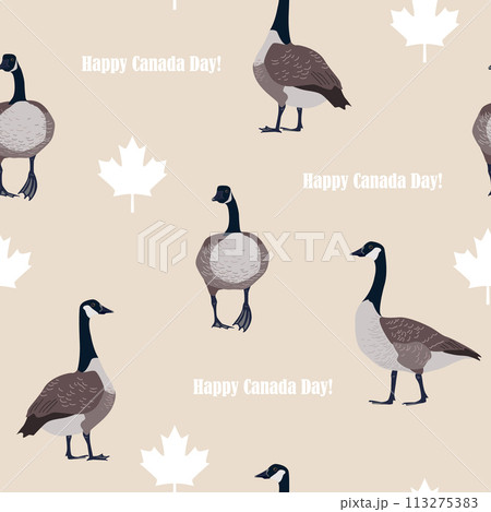 White maple leaves and Canadian geese on beige background. Canada Day seamless pattern, vector illustration White maple leaves and Canadian geese on beige background. Canada Day seamless pattern, vector illustration 113275383
