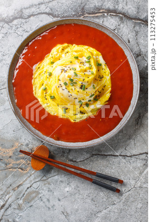 Tornado Omelette Omurice with Sriracha Ketchup closeup on the plate. Vertical top view Tornado Omelette Omurice with Sriracha Ketchup closeup on the plate. Vertical top view 113275453
