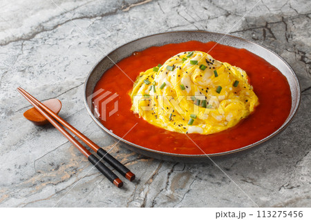 Korean Tornado Egg Omelette with Fried Rice and Sriracha Ketchup closeup on the plate. Horizontal 113275456