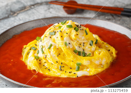 Swirl omelette tornado with fried rice and hot pepper sauce close-up in a plate. Horizontal Swirl omelette tornado with fried rice and hot pepper sauce close-up in a plate. Horizontal 113275459