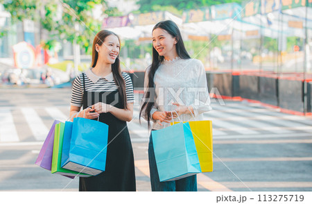Two women are walking down the street, each carrying a bag of shopping Two women are walking down the street, each carrying a bag of shopping 113275719