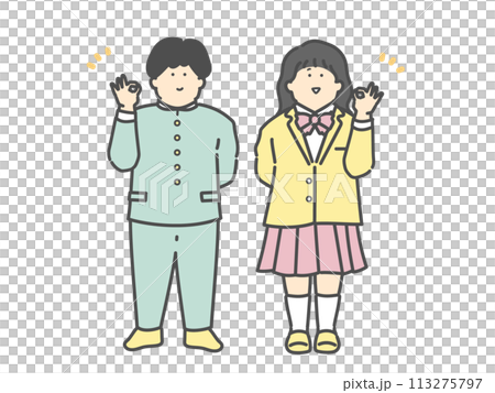 Full-body illustration of male and female students making an OK pose Full-body illustration of male and female students making an OK pose 113275797