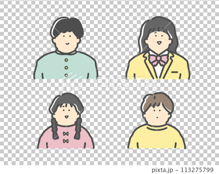 男子学生・女子学生・男の子・女の子のイラストセット 男子学生・女子学生・男の子・女の子のイラストセット 113275799