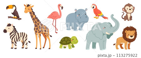 Cute jungle animals. Cartoon African wild mammals. Funny lion, zebra, happy elephant, monkey, nice hippo, toucan and parrot birds. Kids safari animal. Vector set 113275922