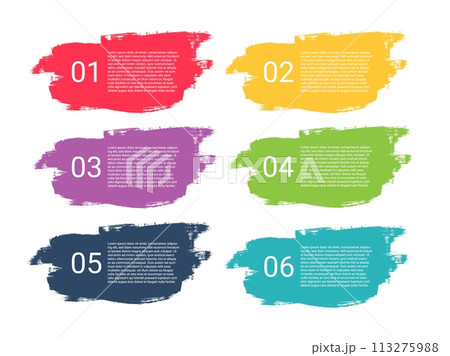 Grunge brushes infographic banner. Colorful splash paint label for web design. Creative tabs and background for infographic social option page. Template with text. Vector illustration Grunge brushes infographic banner. Colorful splash paint label for web design. Creative tabs and background for infographic social option page. Template with text. Vector illustration 113275988