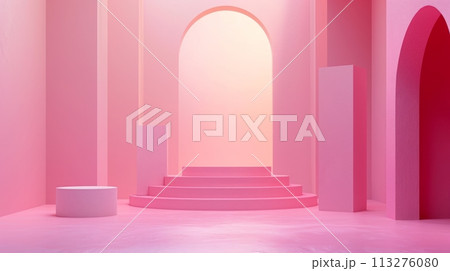 Contemporary light and airy interior with curved pink walls, prominent feature podium and columns besides. Empty room. 113276080