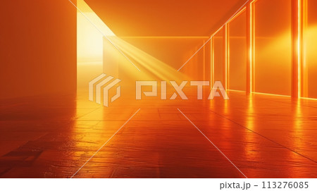Light coming through windows at the end of long hallway casts orange glow on walls. Contemporary minimalist interior design. Light coming through windows at the end of long hallway casts orange glow on walls. Contemporary minimalist interior design. 113276085