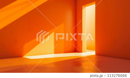 Minimalist architectural details. Empty vibrant orange room with sun which lighting through doorway. Clean bright neon orange background. 113276088