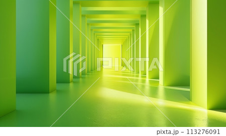 Respective view of vibrant green corridor with repeated rectangular pillars. Clean bright neon green background. Minimalist design. 113276091