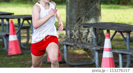 Female cross country runner finishing a 5K in a park 113276157