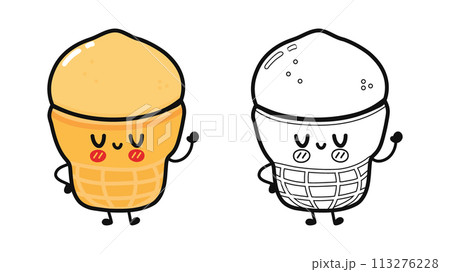 Funny cute happy Ice cream characters bundle set. Vector hand drawn cartoon kawaii character illustration icon. Cute Ice cream. Outline cartoon illustration for coloring book 113276228