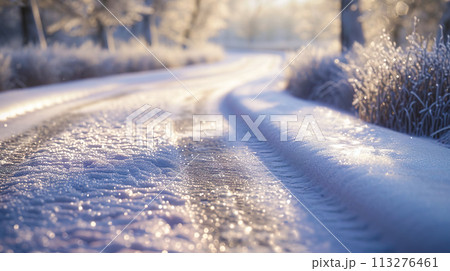 雪が降り積もった道のクローズアップ 雪が降り積もった道のクローズアップ 113276461