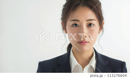スーツを着て真剣な表情で見つめる日本人の若い女性のポートレート 113276604