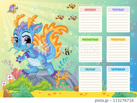 Kids school schedule weekly planner with water dragon vector 113276718