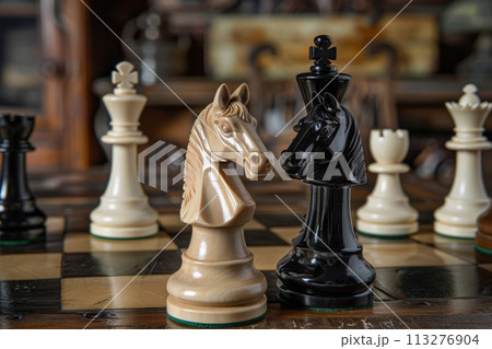 Checkmate in a chess game, winning and losing in the game, chess pieces on a chessboard 113276904