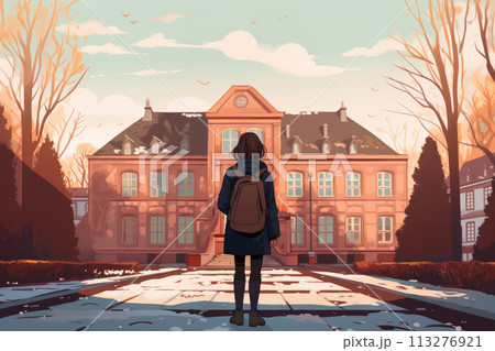 school girl with backpack stand in front of school illustration 113276921