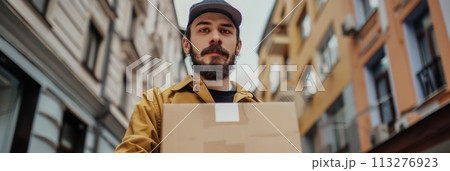 Delivery of goods and parcels, the delivery man holding cardboard box, banner 113276923