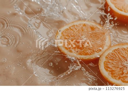 Fresh ripe sliced citrus orange slices in splashes of water, healthy fruit 113276925