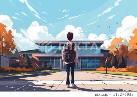 school boy with backpack stand in front of school illustration school boy with backpack stand in front of school illustration 113276935