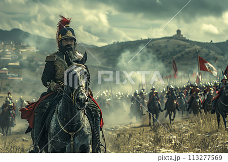 Cinco de Mayo concept - Mexican soldier during a battle, copy space 113277569