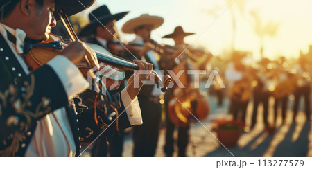 Traditional Mexican musicians wearing national costumes, banner 113277579