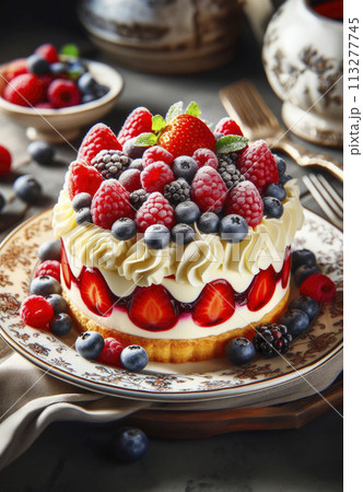 Traditional dessert pavlova with whipped cream and fresh berries and mint leaves on a beautiful plate 113277745