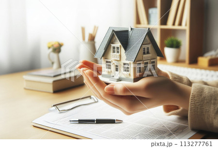 Photo of a girl's hand holding a model of a house in her palm on a white background. Concept of buying a house, bank loan Photo of a girl's hand holding a model of a house in her palm on a white background. Concept of buying a house, bank loan 113277761
