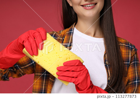 Housewife, in rubber gloves, on a bright background. Housewife, in rubber gloves, on a bright background. 113277873