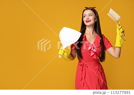Housewife, in rubber gloves, on a bright background. Housewife, in rubber gloves, on a bright background. 113277891