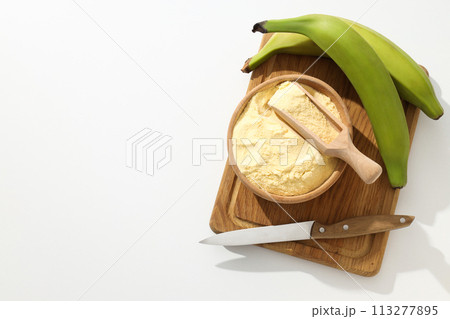 Banana flour, concept of cooking food, tasty banana flour Banana flour, concept of cooking food, tasty banana flour 113277895