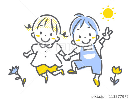 仲良くお散歩する子供たち　シンプルでお洒落な線画イラスト 113277975