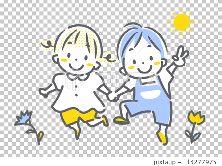仲良くお散歩する子供たち　シンプルでお洒落な線画イラスト 113277975