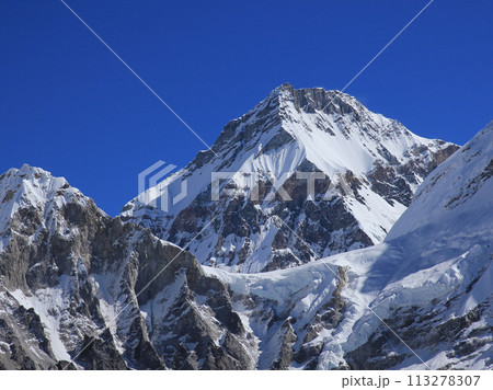 Azure blue sky over Changtse, high mountain in Tibet seen from Kala Patthar, Nepal. Azure blue sky over Changtse, high mountain in Tibet seen from Kala Patthar, Nepal. 113278307