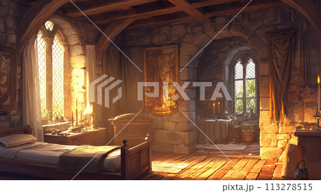 中世ヨーロッパの質素な教会の部屋 113278515